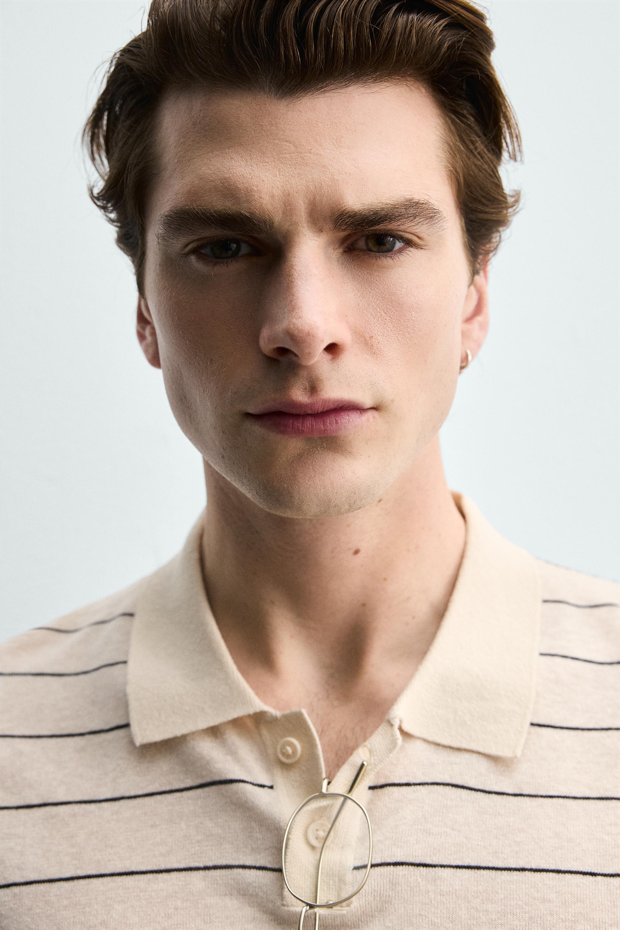 STRIPED LINEN-COTTON KNIT POLO SHIRT